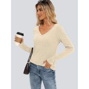 2025 2025, blusas elegantes de invierno a la moda para mujer, camisas holgadas de manga larga con cuello en V y bolsillos, trajes informales básicos - Product Image 1