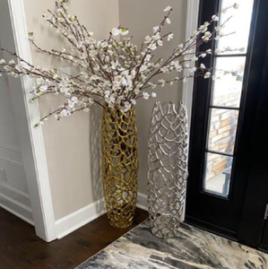 Luxury tall gold white <b>vases</b> with a rectangular tiled shimmer finish. Elegant floor decor. Available at wholesale prices. - Product Image 2