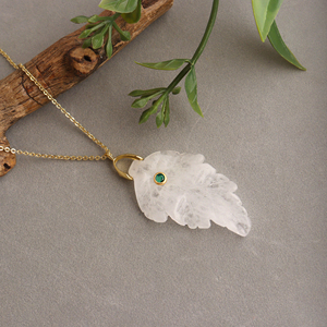 White crystal quartz leaf carving <b>with</b> green cz pendant necklace 18k gold plated <b>cable</b> link chain For wholesale women jewelry - Product Image 1