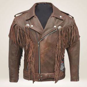 Men's Brown Leather <b>Biker</b> <b>Jacket</b> with Fringe Tassels Turn-down Collar Zipper Closure Regular Fit Autumn Style - Product Image 1