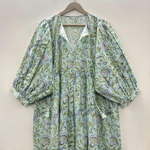 Vestido Casual Midi para Mujer, Tejido 100% Algodón, Liso, Manga Corta, Cintura Imperio, Estilo Babydoll, Cuello en V, Holgado, Funcional - Product Image 4