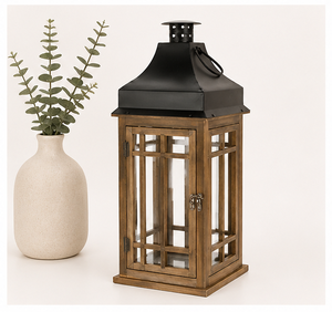 Lanterne à bougie décorative en bois de style farmhouse avec dessus en métal, lanterne de table vintage pour la décoration de la maison et l'éclairage extérieur du patio - Product Image 2