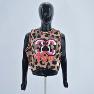 Nuevo Jersey Deportivo Corto de Baloncesto para Mujer con Estampado de Leopardo, Malla Transpirable, Cuello Redondo, Sin Mangas, de Poliéster - Product Image 1