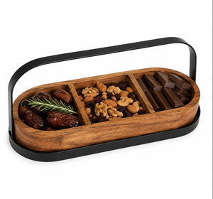 Plateau de service en bois à 3 compartiments avec poignée en métal pour les collations, les fruits secs, les noix, les apéritifs, le fromage et la présentation des aliments sur la table - Product Image 4