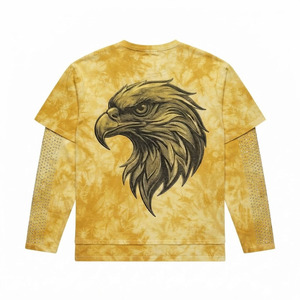 Camiseta Personalizada para Hombre, Oversize, Amarilla, Lavado Ácido, con Gráficos, 100% Algodón, Cuello en V, 2 en 1, con Pedrería, Manga Larga, Estilo Y2K, Streetwear - Product Image 2