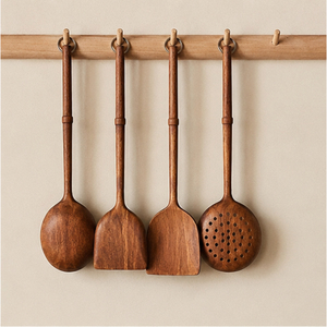 Ensemble d'ustensiles de cuisine en bois fabriqués à la main, directement de l'usine, avec cuillère à long manche, spatule et écumoire à trous pour ustensiles de cuisson antiadhésifs - Product Image 4