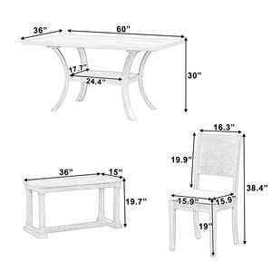 Ensemble de table à manger en bois 6 pièces avec étagère de rangement et pieds courbés, ensemble de table de cuisine, banc, 4 coussins amovibles, ensembles de salle à manger - Product Image 6