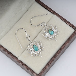 Pendientes colgantes de flor de loto turquesa tibetana natural, joyería étnica bohemia de plata de ley 925, pendientes de piedras preciosas para mujer - Product Image 5