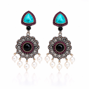 Top Quality Traditional 18K Gold Plated Brass Pearl Antique <b>Silver</b> Finish Fancy Statement <b>Stud</b> <b>Earrings</b> Women Wholesale Supplier - Product Image 1
