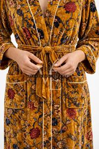 Luxurious Mustard Yellow Floral Velvet Summer Eco-Friendly Full Length Robe Breathable Cozy Bathrobe <b>Housecoat</b> - Product Image 2