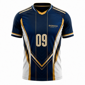 เสื้อฟุตบอลสีน้ำเงินกรมท่า ขาว ทอง แบบสั่งทำพิเศษ คอวี ลายพิมพ์แบบซับลิเมชั่น เสื้อทีมพรีเมียม หมายเลขผู้เล่น OEM - Product Image 1