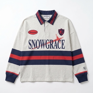 เสื้อเบสบอลแขนยาวลายทาง Snowgrace ปักโลโก้ คอปกพับได้ ทรงหลวม ใส่ได้ทั้งชายและหญิง - Product Image 1