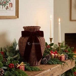 Wicker Flower Vase with Burgundy Velvet <b>Bow</b>, Rattan Decorative Floor Tabletop Urn Vase for Christmas & Holiday Home - Product Image 3