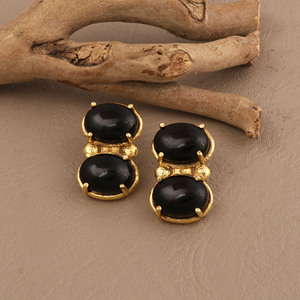 <b>Black</b> Onyx Studs Gold Plated <b>Earrings</b> Oval Shape Cabochon Gemstone Statement Jewelry Wholesaler - Product Image 3