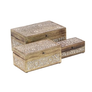 Boîte à bijoux en bois rectangulaire, design bohème sculpté avec couvercle, conteneur de rangement à 1 niveau - Product Image 3