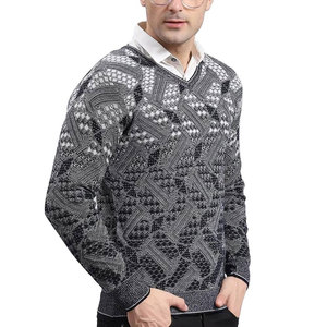 Pull à col en V à motif géométrique pour homme, manches régulières, laine acrylique anti-boulochage, vêtements d'automne, cardigan pour homme - Product Image 1