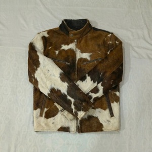 High Quality Handmade Hair-on Cowskin Leather <b>Jacket</b> Men Western Cowboy Style Stand Collar Zip Up Cafe <b>Racer</b> Genuine Leather - Product Image 4