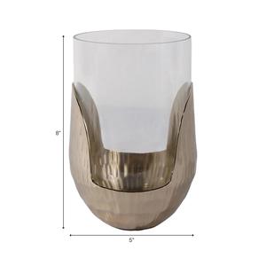 Porte-bougie en verre de luxe en laiton à l'aspect tressé, avec base métallique découpée en forme de tulipe et design Hurricane - Product Image 4