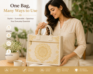 Bolsa de yute laminada blanca con estampado de mandala dorado, ecológica, reutilizable, para compras, al por mayor - Product Image 5