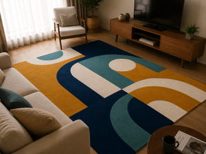Tapis en laine tufté à la main, style Art déco du milieu du siècle, motifs géométriques arche, jaune moutarde, bleu marine, turquoise, tapis de designer pour salon - Product Image 3