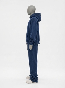 Custom <b>Navy</b> <b>Blue</b> Washed Distressed Hoodie Sweatpants Set Oversized Fleece Tracksuit Streetwear Two Piece <b>Jogger</b> Set - Product Image 5