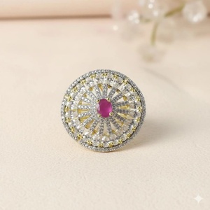 Vintage <b>Ruby</b> CZ Diamond Cocktail <b>Ring</b> Victorian Bridal Statement Jewelry Traditional Indian Wedding Engagement Party Wear - Product Image 1