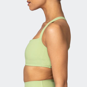 Women's Ribbed Halter Sports Bra Square Neck Medium Support Yoga Wear Breathable Seamless Solid Color Light Green - Product Image 2