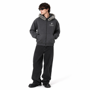 Sweat à capuche zippé surdimensionné pour homme, en polaire épaisse avec bordure en fourrure, style streetwear vintage, personnalisable, pour l'hiver, vente en gros - Product Image 1