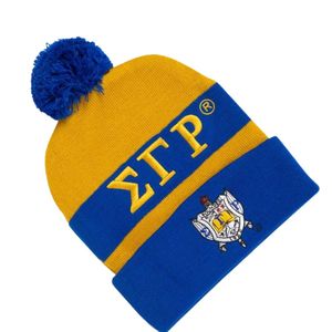 หมวกบีนนี่ SGRHO แบบกำหนดเอง ปักตราสัญลักษณ์ Sigma Gamma Rho สีน้ำเงินทอง สำหรับชมรมพี่น้องชาวกรีก พร้อมพู่ห้อย ถักไหมพรม สำหรับฤดูหนาว อุ่นสบาย มีขอบพับ - Product Image 2