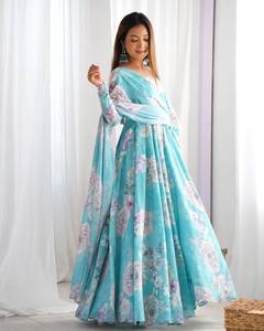 Robe et dupatta en georgette de Foux pure, imprimé floral, 7 mètres, coupe évasée, pour soirée moderne - Product Image 2