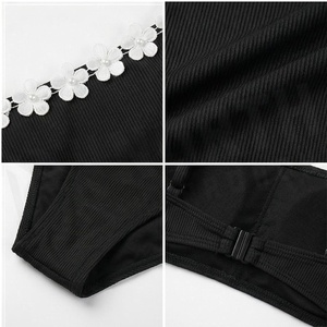 Women Black 2 Piece <b>Bikini</b> <b>Set</b> Bandeau Top With 3D White Flower Applique Ribbed Stretch Fabric Hipster Bottoms - Product Image 5