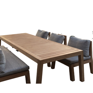 8 Seater Modern Outdoor Dining Set Aluminum/ Wood Table and <b>Chairs</b> or Custom Material White Cushions Weather Resistant - Product Image 3
