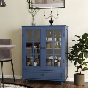 Credenza Moderna Minimalista in Legno Blu con Doppie Ante in Vetro e Cassetto per Soggiorno, Mobile Buffet per Stoccaggio - Product Image 4