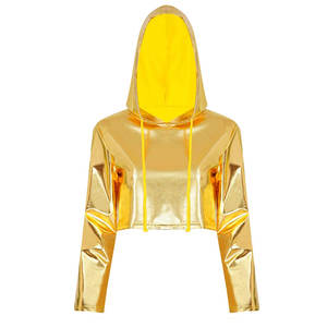 Haut court à capuche pour femme, à manches longues, avec cordon de serrage, à sequins et empiècements métalliques sur le devant, écologique, pour festivals de musique, soirées rave et scène - Product Image 4