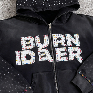 Sudadera con capucha de invierno OEM personalizada de alta calidad, transpirable, con cremallera, estilo vintage, efecto desgastado por el sol, de peso pesado, corte holgado, con lavado ácido y pedrería - Product Image 4