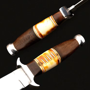 Couteau de chasse Bowie multifonctionnel forgé à la main, lame en acier Damas, manche en bois et os de chameau, pointe clip, outils de camping en plein air - Product Image 4