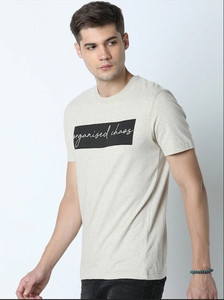 T-shirt décontracté beige à manches courtes pour homme avec logo uni sur le devant, 100 % coton tricoté, respirant, écologique, idéal pour l'été - Product Image 1