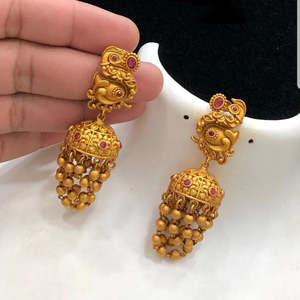 24K Gold Plated Pearl Drop Jhumka Earrings-Ethnic Religious Trendy Party Jewelry - Product Image 3