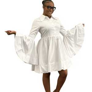 Women White Poplin Button <b>Down</b> Dress Long Bell Sleeve Flare Hem Elegant Casual Boutique Fashion Outfit - Product Image 3