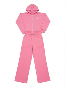 Conjunto deportivo de algodón French Terry con sudadera con capucha rosa con cremallera y pantalones anchos - Product Image 1
