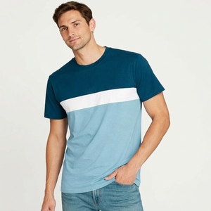 T-shirt pour homme de haute qualité, à blocs de couleur, manches courtes, col rond, coupe classique, en coton, style décontracté, design rayé bleu et blanc - Product Image 1