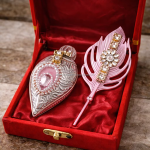 Silver Bohemian Sindoor <b>Box</b> with <b>pink</b> Stone and Tilak Stick in Diwali <b>Gift</b> Pack - Product Image 1