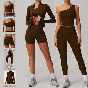 Women Four Piece Activewear Set <b>Brown</b> Stretch One Shoulder <b>Top</b> Shorts Leggings And <b>Long</b> <b>Sleeve</b> Casual Fitness Wear - Product Image 1