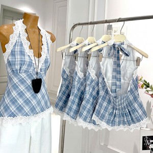 Vestido Halter a Cuadros con Encaje en Contraste para Mujer, Elegante Vestido Midi sin Mangas, Estilo Casual Chic - Product Image 4