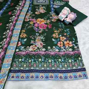 Traje Tradicional de 3 Piezas Listo para Usar, de Poliéster y Muselina, con Estampados Florales Vibrantes, Dupatta, Salwar, Anarkali, Kurta, Pantalón, Vestido Largo - Product Image 1