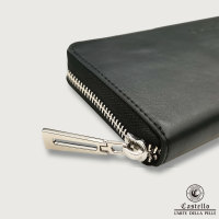 Dompet Unisex Castello Kulit Asli Desain Ritsleting dengan Penarik Logam Banyak Kantong Kartu Panjang Poliester Karakter