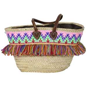 Moroccan Eco-Friendly Seagrass <b>Basket</b> Embroidered with Colorful Fringes BiyadinaStore's Mountain Bag - Product Image 1
