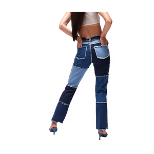 High Waisted Straight Leg <b>Stretch</b> Patchwork Color Block <b>Jeans</b> for <b>Women</b> Available in Best Selling Prices - Product Image 5
