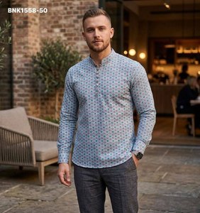New Arrival Linen Cotton with All-Over Printed Full-Sleeve Band-Collar & Stylish Button Short-<b>Kurta</b> Collection At Wholesale Rate - Product Image 2
