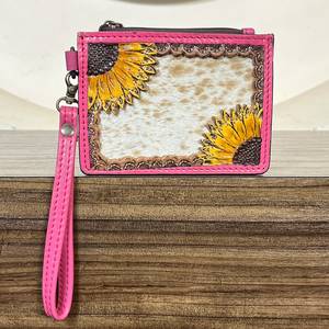 Monedero Pequeño de Cuero Genuino Hecho a Mano con Diseño de Girasol Rosa, Estiloso y Lindo, para Monedas y Tarjetas de Crédito/ATM, Estilo Western - Product Image 4
